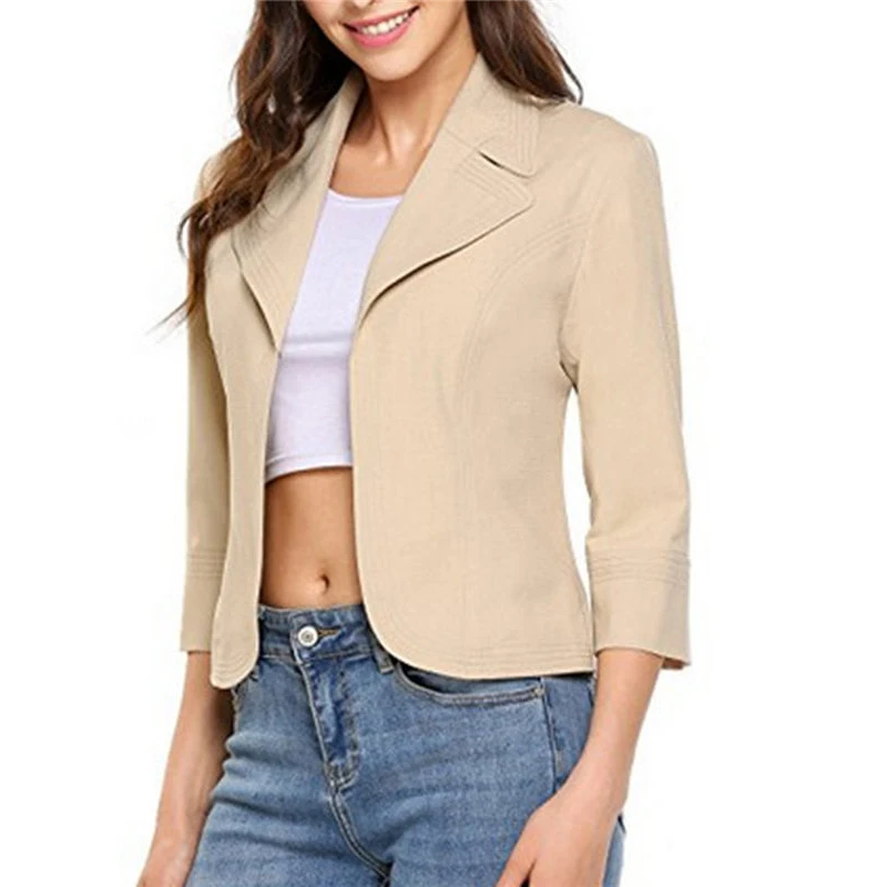 2021 Women Fashion Blazers Solid 3/4 Sleeve Short Slim Female Top Suits