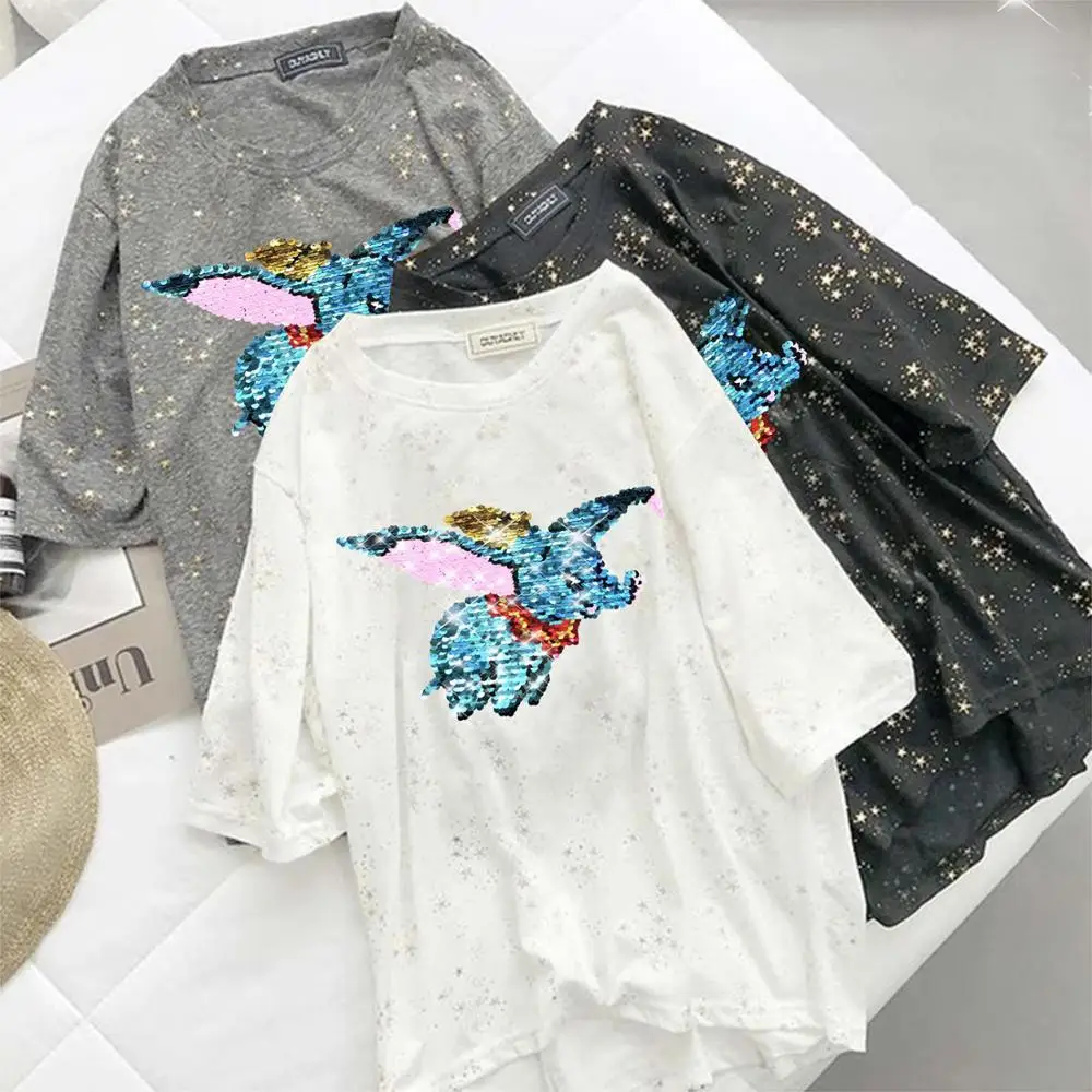 Summer Korean Bronzing Shiny Women Cartoon Dumbo Glitter Midi Tshirt Plus Size Sequin Girls Tees Femme Tops Mujer Streetwear
Summer Korean Bronzing Shiny Women Cartoon Dumbo Glitter Midi Tshirt Plus Size Sequin Girls Tees Femme Tops Mujer Streetwear