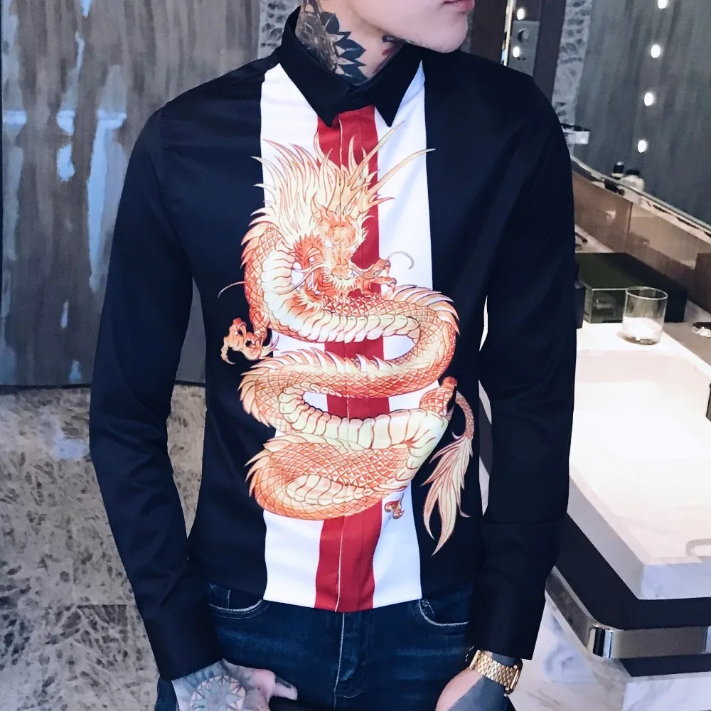 Fashion Dress Camisa Hombre Slim Fit Shirt Men Streetwear Dragon Print Men Shirt Camisas Hombre Luxury Spliced Night Club Tuxedo
Fashion Dress Camisa Hombre Slim Fit Shirt Men Streetwear Dragon Print Men Shirt Camisas Hombre Luxury Spliced Night Club Tuxedo