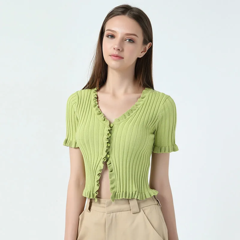 Women Ruffle Trim Crop Knit Cardigan with Short Sleeve Deep V Neck Crop Knitted Cardigans Women Tops
Women Ruffle Trim Crop Knit Cardigan with Short Sleeve Deep V Neck Crop Knitted Cardigans Women Tops