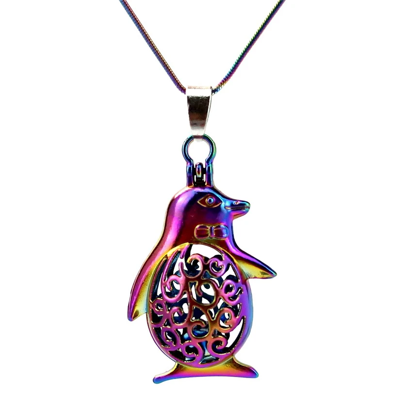 22" Rainbow Color Snake Chain Pick a Pearl Magnet Penguin Cage Locket Aroma Essential Oil Diffuser Pendant (S-PC-125) | Украшения и