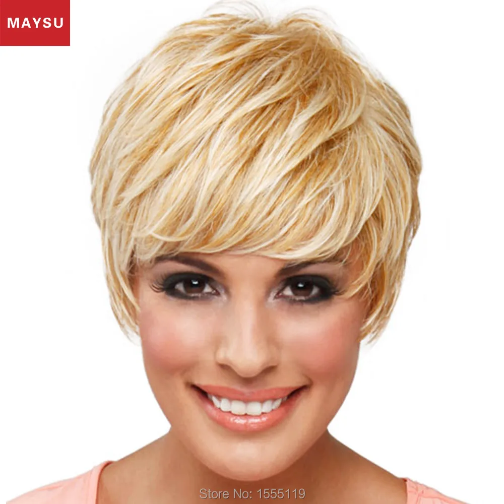 

Short Human Hair Wigs For Women Elegant MAYSU Side Parting Classic Brazilian Virgin Hair Blonde wig Capless European Style