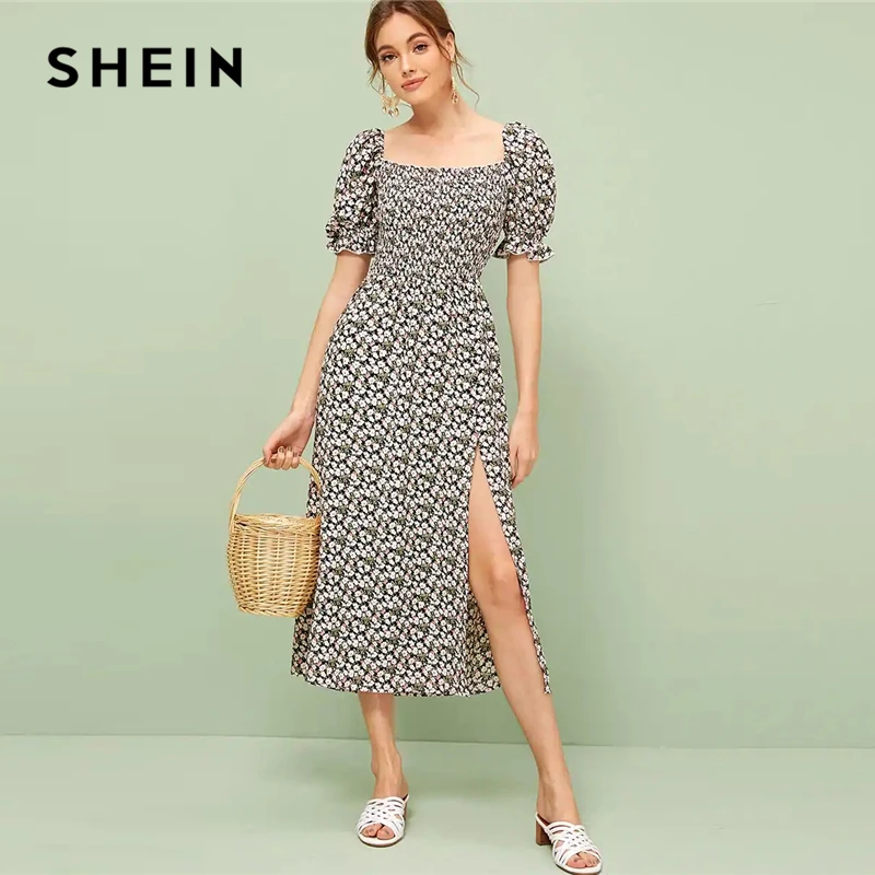 

SHEIN Ruffle Trim Split Thigh Ditsy Floral Shirred Dress Fit and Flare Women Dresses 2019 Boho Square Neck Summer Dress