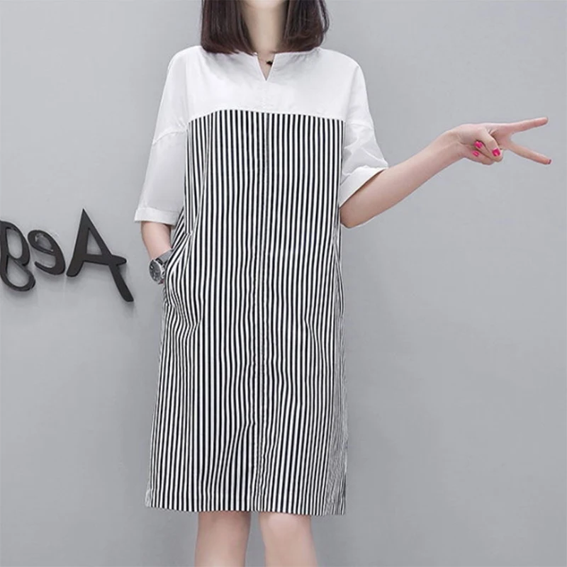 M-3XL Plus Size Women Stripe Dress Splice V Neck Short Sleeve Baggy Oversized Midi Dresses
M-3XL Plus Size Women Stripe Dress Splice V Neck Short Sleeve Baggy Oversized Midi Dresses