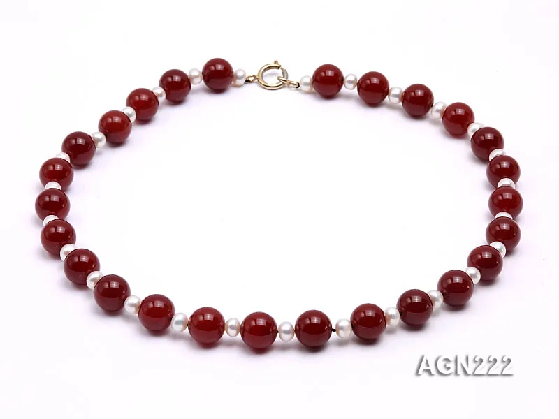 

Unique Pearls jewellery Store Perfect 14mm Red Agate White Freshwater Pearl Necklace 58cm Charming Women Gift
