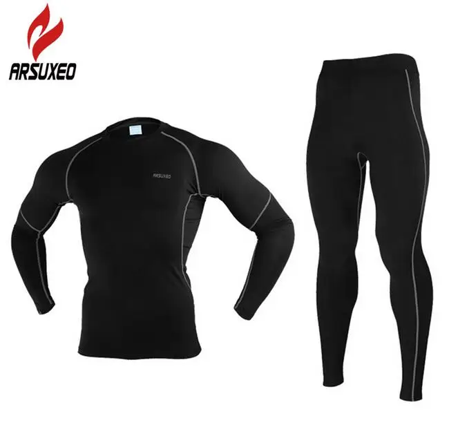 Image NEW ARSUXEO Men Winter Thermal Warm Up Fleece Compression Cycling Base Layers Shirts Running Sets Jersey Sports Suits