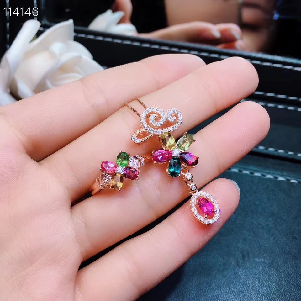 Natural Multicolor tourmaline Ring Pendant Natural Gemstone Jewelry Set 925 Silver Lovely Flower Cloud Women party gift jewelry
Natural Multicolor tourmaline Ring Pendant Natural Gemstone Jewelry Set 925 Silver Lovely Flower Cloud Women party gift jewelry