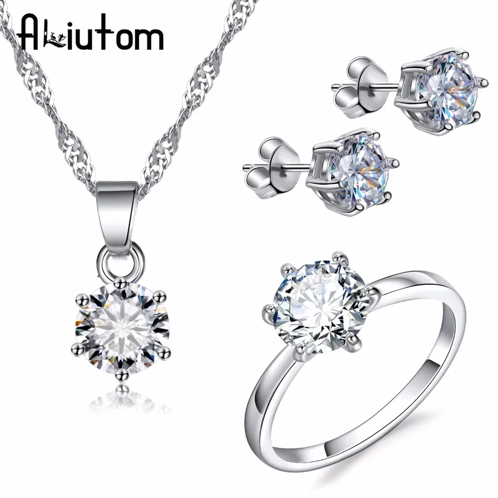 ALIUTOM Hot Silver Color Fashion Jewelry Sets Cubic Zircon Statement Necklace & Earrings Rings Wedding Jewelry for Women Gift
ALIUTOM Hot Silver Color Fashion Jewelry Sets Cubic Zircon Statement Necklace & Earrings Rings Wedding Jewelry for Women Gift