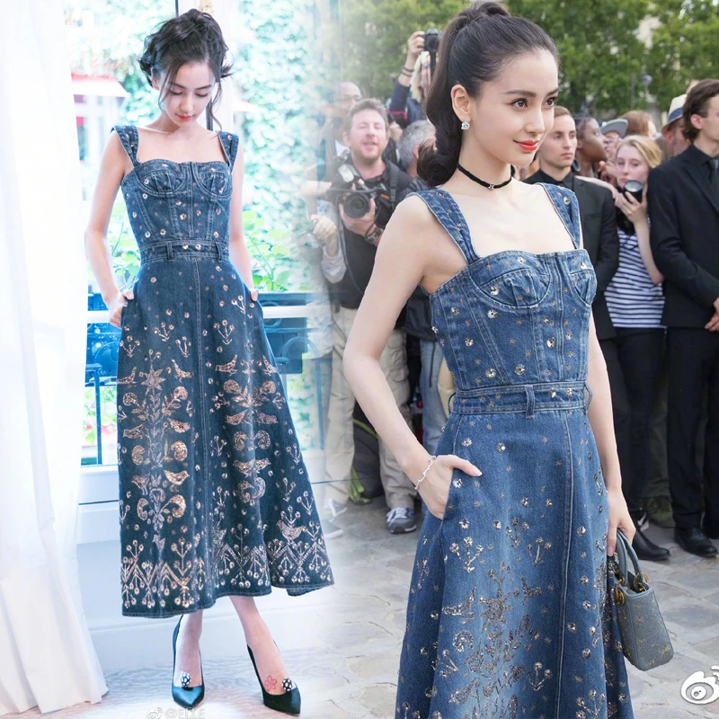 Fashion Runway Denim Dress Elegant Spaghetti Strap Golden Line Embroidery Party Denim Jeans Midi Dress Sundress
Fashion Runway Denim Dress Elegant Spaghetti Strap Golden Line Embroidery Party Denim Jeans Midi Dress Sundress