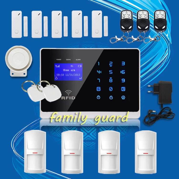 

Free Shipping!APP Wireless GSM SMS RFID Touch Keypad Menu screen Alarm System new 4 pcs PIR sensor+5 pcs door Gap High Quality