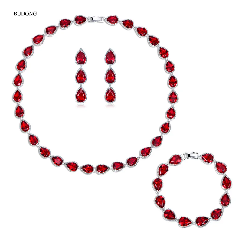 BUDONG WaterDrop Crystal Silver Color AAA+ Necklace/Earrings/Bracelet for Women Red/Blue CZ Wedding Jewelry Set XUT028
BUDONG WaterDrop Crystal Silver Color AAA+ Necklace/Earrings/Bracelet for Women Red/Blue CZ Wedding Jewelry Set XUT028