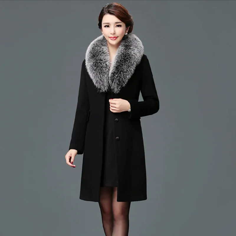 

Elegant Solid Long Woolen Winter Coats Slim Pockets Office Wool Coat and Jacket Covered Button Fur Collar Ladies Coats