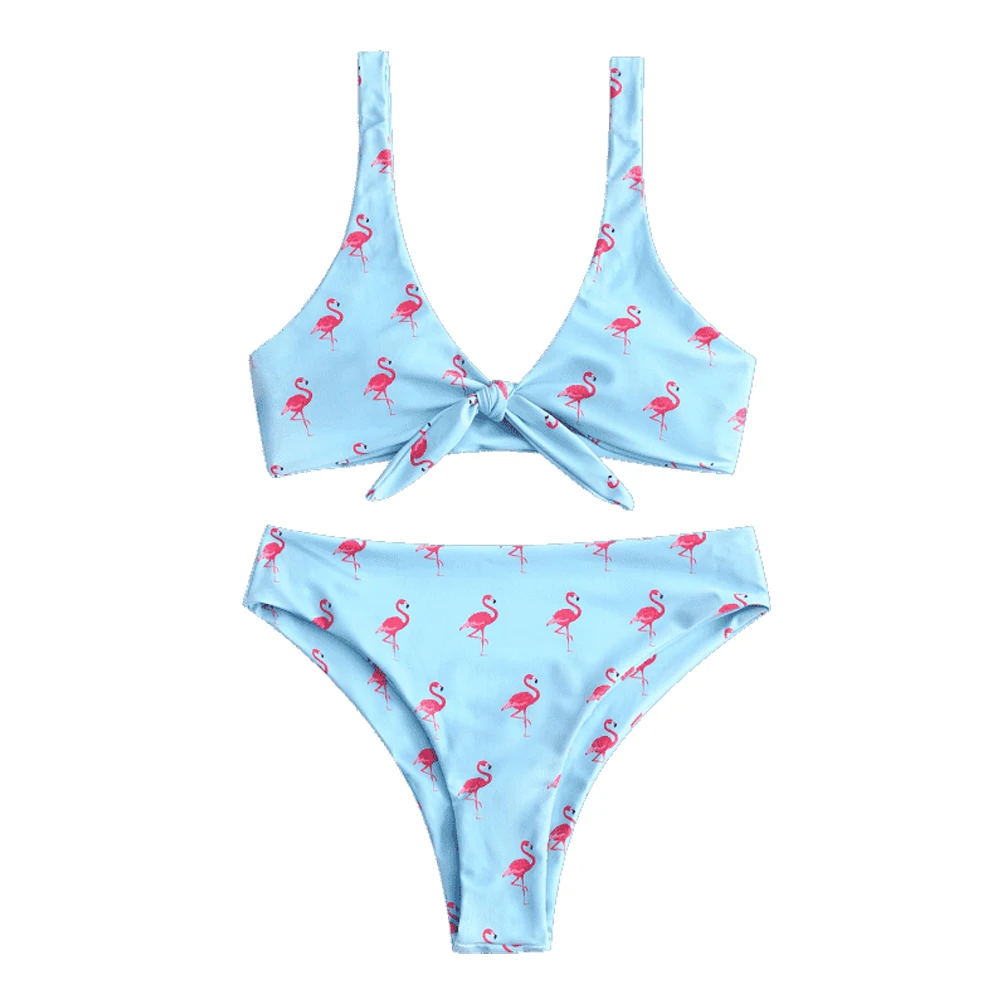 

Sexy Flamingo Print Bikini Set Mid-waisted Thong Two Pieces Women Swimwear 2018 Padded Biquini Bow Knot Bathing Suits Swimsuits