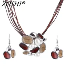 ZOSHI Verão Esmalte Conjuntos de Jóias Delicadas Multi Camadas De Couro de Prata Pingente Banhado A Ouro Geometria Gargantilha Colar Brincos Set(China)