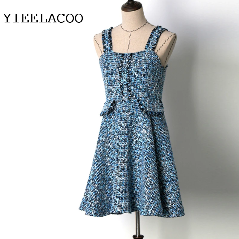 Blue tweed dress plaid autumn and winter women's bottom small fragrance wind lady | Женская одежда