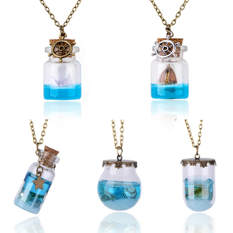 Vintage Mermaid Tears Shells Star Vial Necklace Shellhard Blue Sea Ocean Glass Wish Bottle Necklaces & Pendants Unisex Jewelry