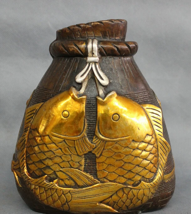 

S3456 Folk Chinese Bronze Gilt Wealth 2 Fish Statue Bamboo Crate Bag Pot Vase Jar D0317