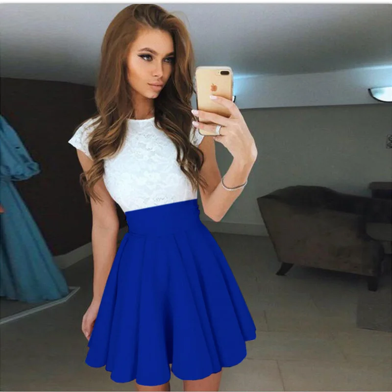blue  Short Sleeve Lace Flare Dress 