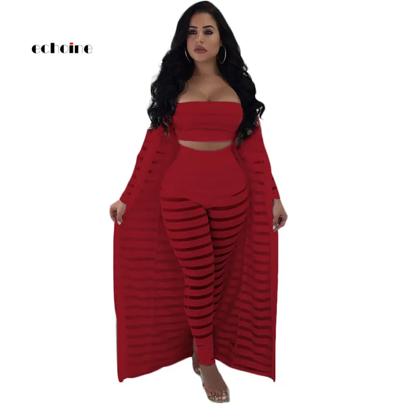 Women Sexy 3 PCS Set Sexy Strapless Stripe Mesh Patchwork See Through Long Pants Cloak Coat Elastic Elegant Suit Ladies Clothes
Women Sexy 3 PCS Set Sexy Strapless Stripe Mesh Patchwork See Through Long Pants Cloak Coat Elastic Elegant Suit Ladies Clothes