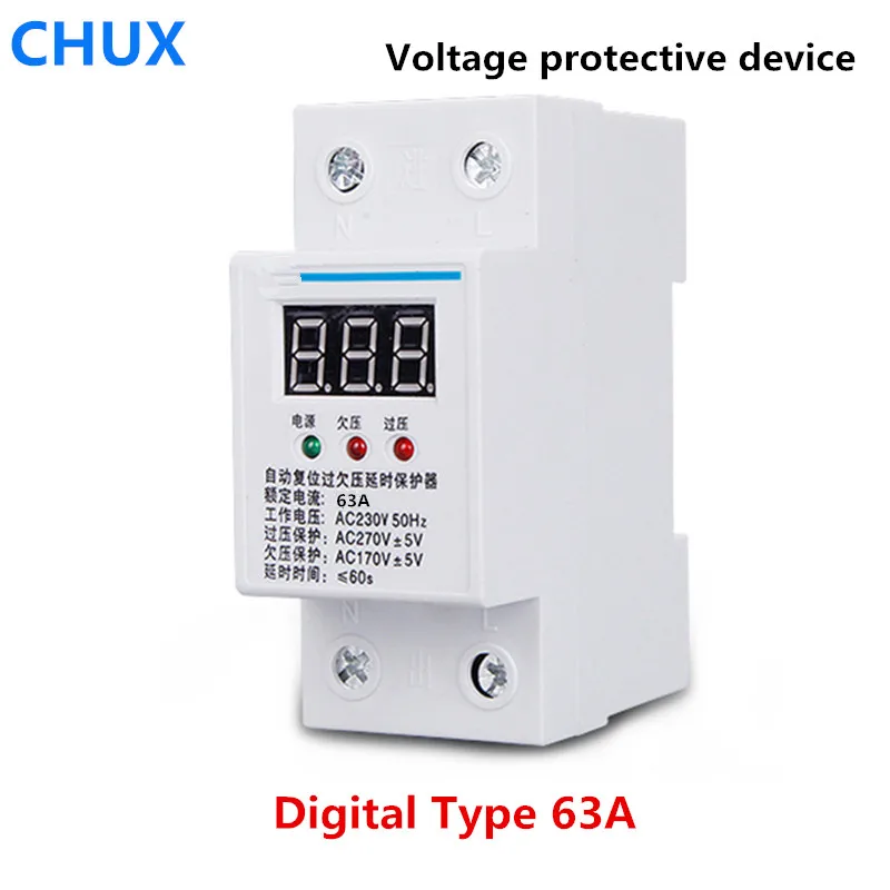 Digital 63A 230V AC Over voltage Protector Automatic Recovery Reconnect Din rail Under Voltage Relay Protective Device
Digital 63A 230V AC Over voltage Protector Automatic Recovery Reconnect Din rail Under Voltage Relay Protective Device