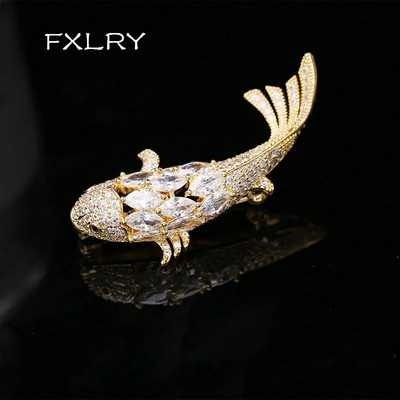 FXLRY Luxurious Gold Fish Full Crystal Cubic Zirconia Brooches Trendy gold/white color brooch Big pins Hyperbole Jewelry
FXLRY Luxurious Gold Fish Full Crystal Cubic Zirconia Brooches Trendy gold/white color brooch Big pins Hyperbole Jewelry