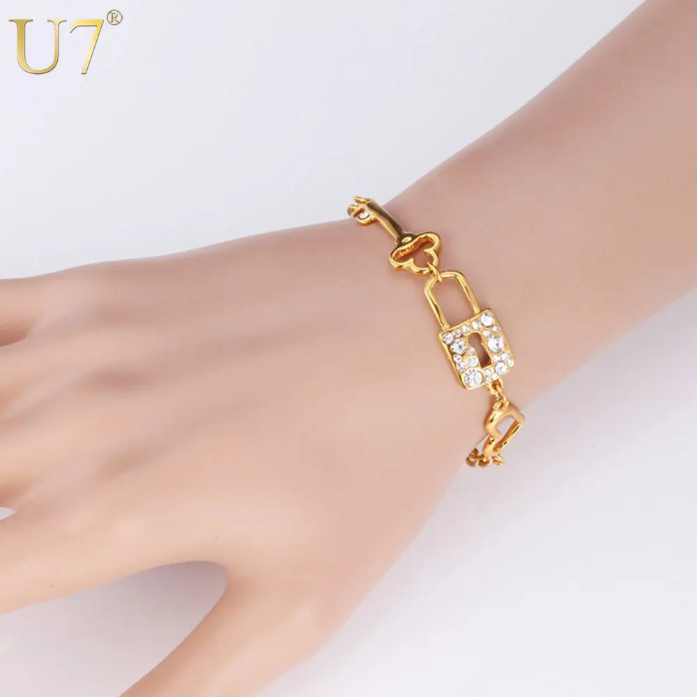 U7 Gold/Silver Color Rhinestone Romantic Heart Lock Key Fashion Bracelet Chain & Link Bracelet For Women Love Gift H468
U7 Gold/Silver Color Rhinestone Romantic Heart Lock Key Fashion Bracelet Chain & Link Bracelet For Women Love Gift H468