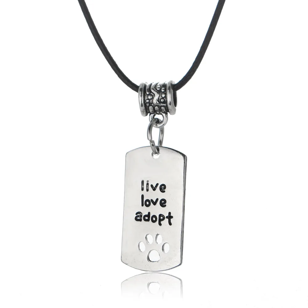Live Love Adopt Dog Tag Pendant Necklace Cat Lover Paw Footprint Leather Chain Necklaces Animals Memorial Fashion Jewelry Gifts | Украшения