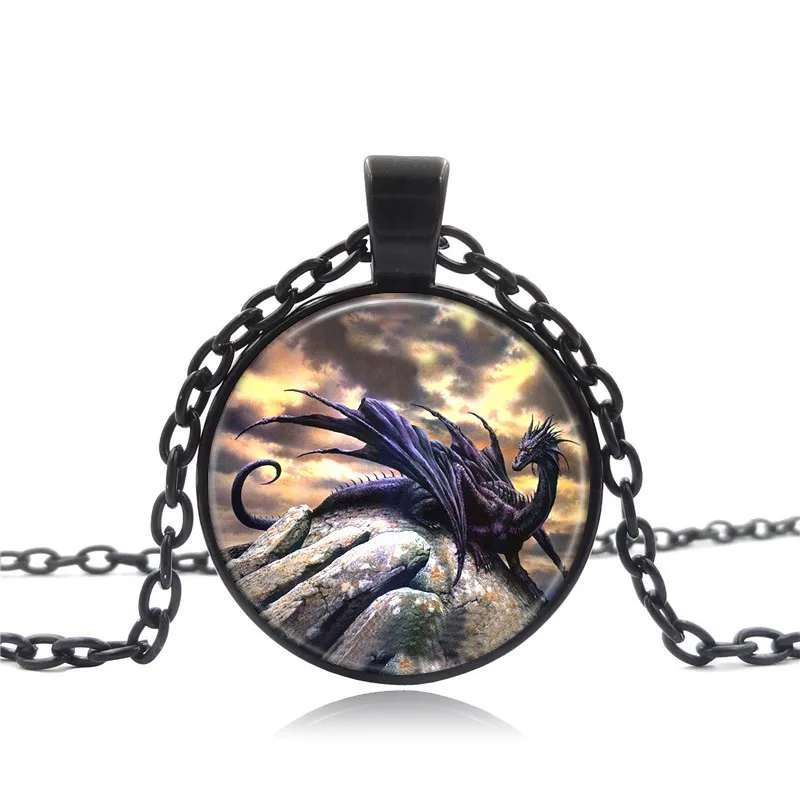 Moon Fantasy Winged dragon Glass Cabochon Tibet silver Pendant Chain Necklace
