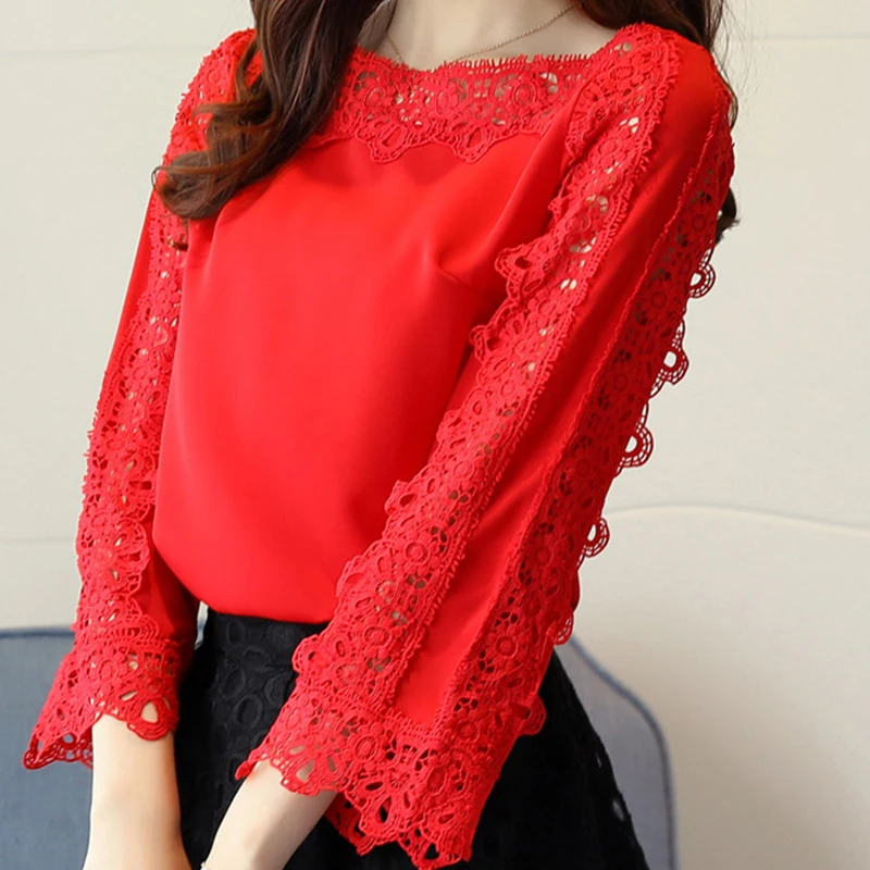 Women Spring Summer Solid Slash Neck Lace Chiffon Blouses Ladies Casual Slim 3/4 Flare Sleeve Hollow Out Shirts Size S-2XL 
Women Spring Summer Solid Slash Neck Lace Chiffon Blouses Ladies Casual Slim 3/4 Flare Sleeve Hollow Out Shirts Size S-2XL