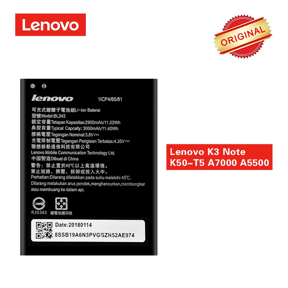 Оригинальный аккумулятор BL243 для Lenovo K3 Note Сменный A7000 A5500 A5600 с аккумулятором на 3000
