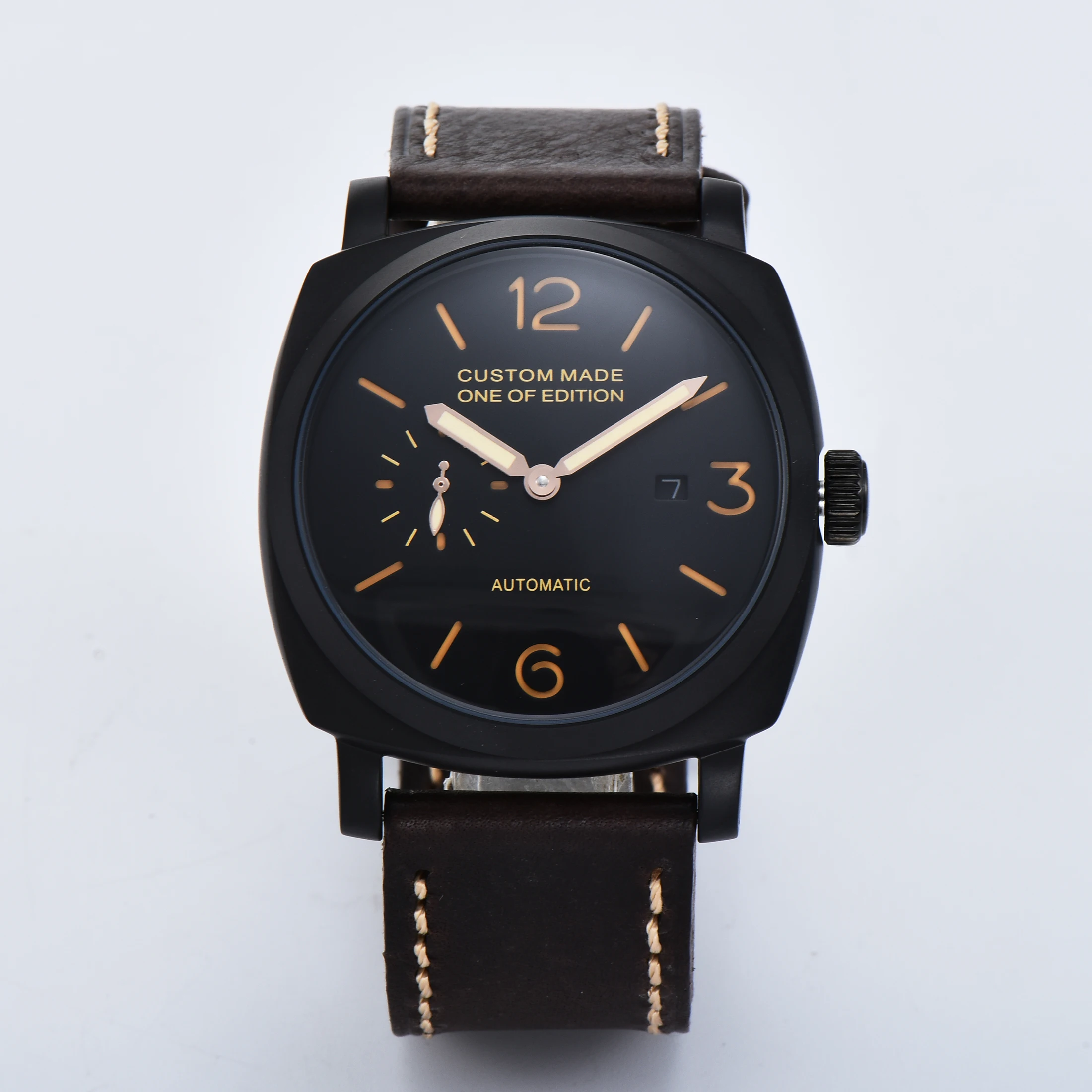 parnis automatic watch black dial pvd case pam military 47mm stainless steel case leather strap K579
parnis automatic watch black dial pvd case pam military 47mm stainless steel case leather strap K579