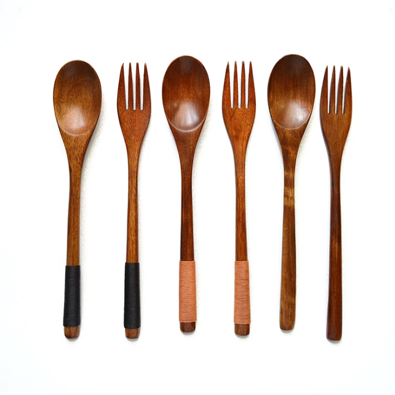 2 Pieces Wooden Fork Scoop Cutlery Set Tableware Wood Long Handle Dinnerware Set Fruit Dessert Serving Set Wood Kitchen Utensils (2)