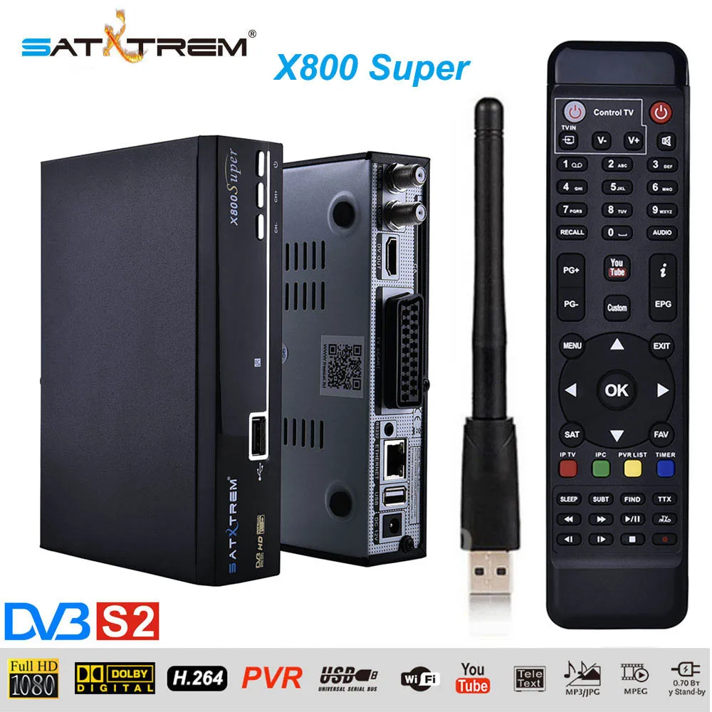 Satxtrem X800 Super DVB-S DVB-S2 Fulll HD 1080P FTA Satellite Receiver With MT7601 USB WIFI Antenna Support CCCAM Newcam H.264
Satxtrem X800 Super DVB-S DVB-S2 Fulll HD 1080P FTA Satellite Receiver With MT7601 USB WIFI Antenna Support CCCAM Newcam H.264