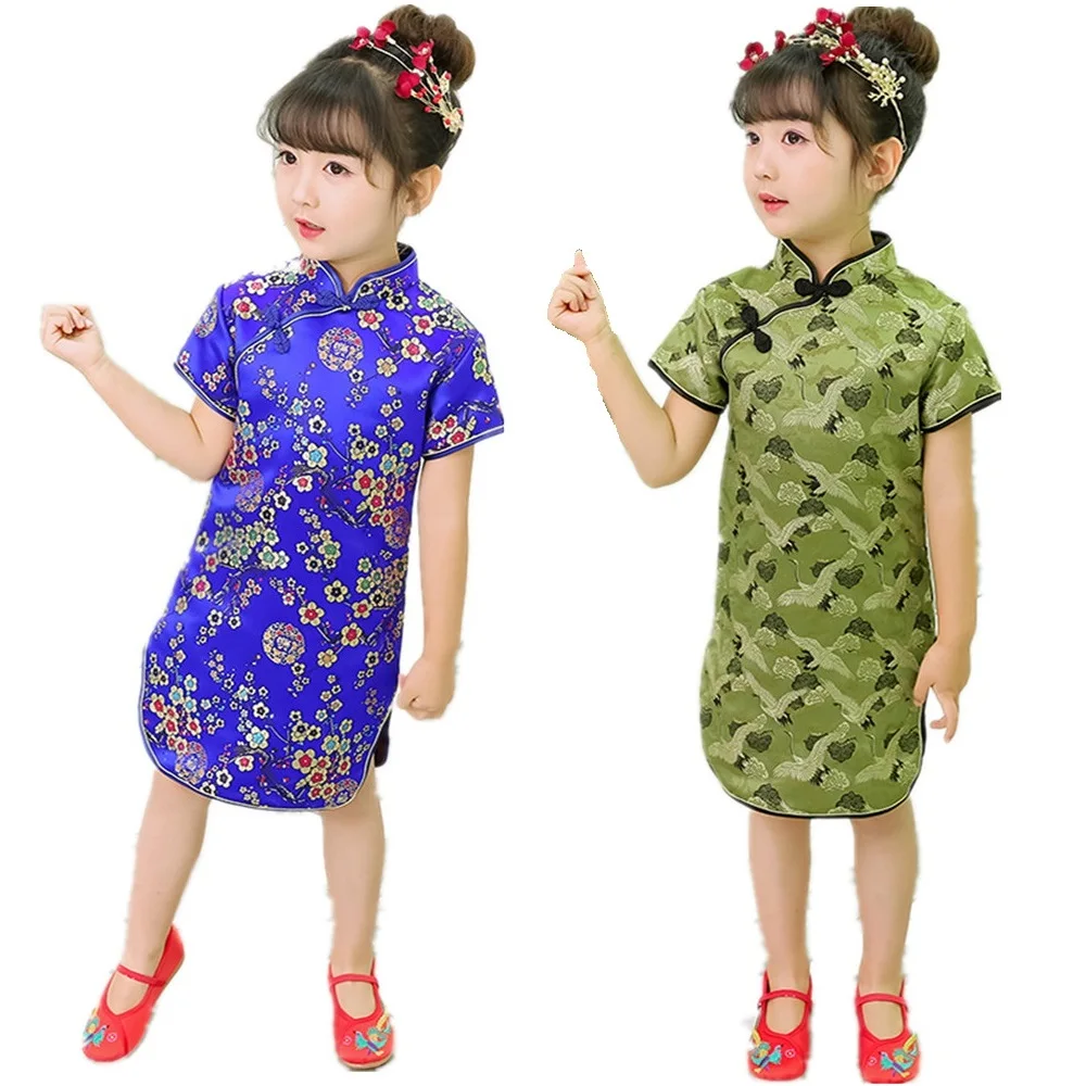 

Floral Baby Girl Qipao Silky Dress Children Chi-Pao Cheongsam Chinese New Year Costume Clothes Kids Dresses Wedding Uniform 2-16