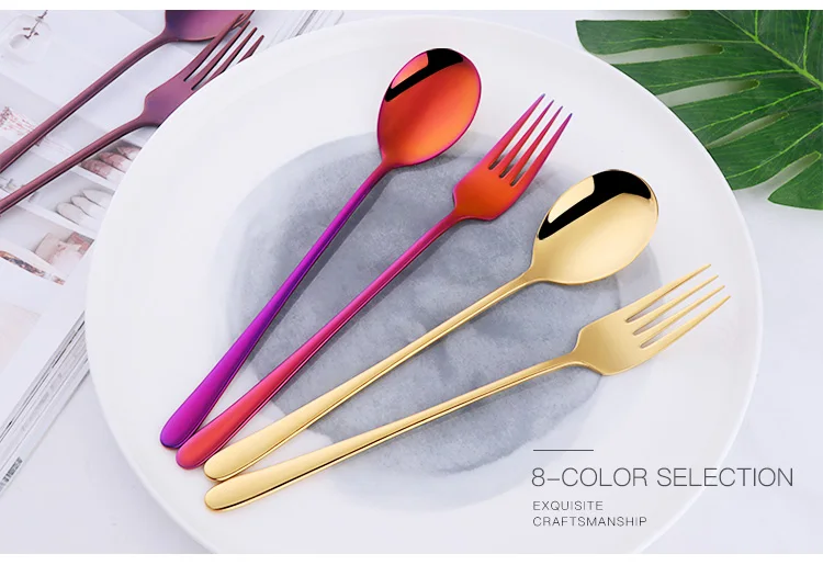 Description Picture 2 of item2 Pcs/set Dinner Fork Stainless Steel Fork And Spoon Set Gold Dinnerware Kitchen Utensil Colorful Spoon Safety Adult Flatware