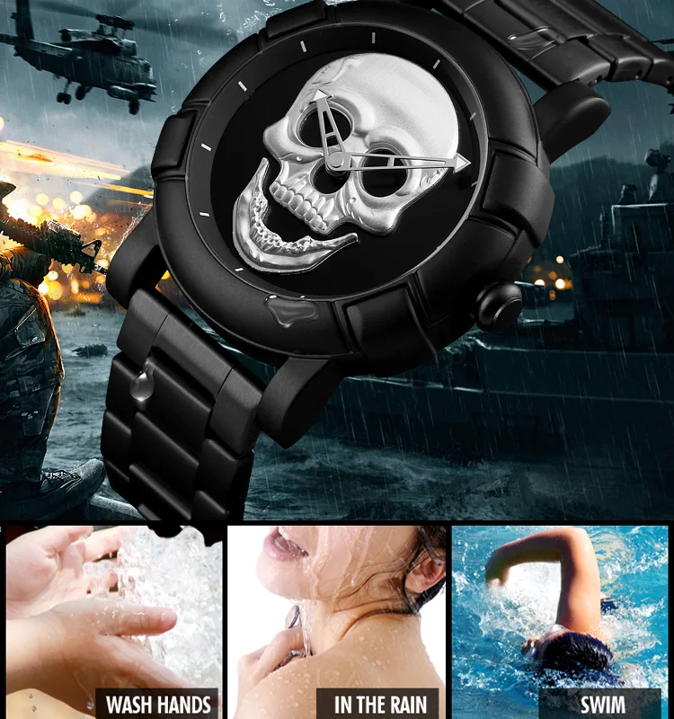 Luxury SKMEI Creative Gold Skull Quartz Watch Men Stainless Steel Clock Waterproof Mens Wristwatch Relogio Masculino relojes 11