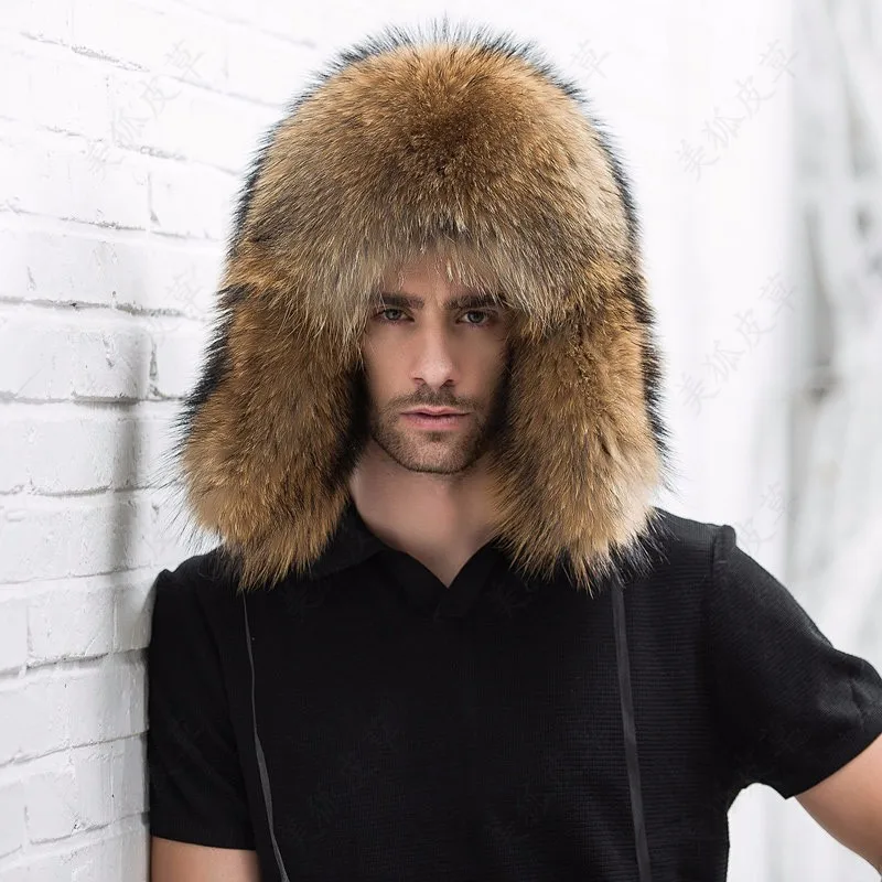 Natural Color Fur Hat Siberian Style Fur Hat Raccoon Full Ushanka Hat for middle-aged cotton cap Lei Feng hat Winter ha 2