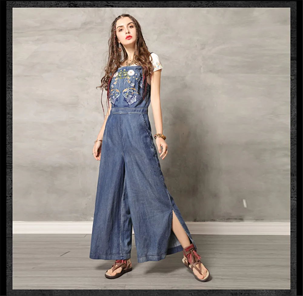 Vintage Jumpsuit Women 2019 Boho New Women Spaghetti Strap Bodysuit Denim Summer Embroidery Wide Leg Jumpsuits K306DZ Bodysuits (9)
