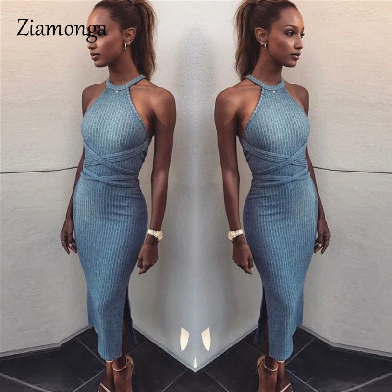 blue  Off Shoulder Split Bodycon Knitted Dress  