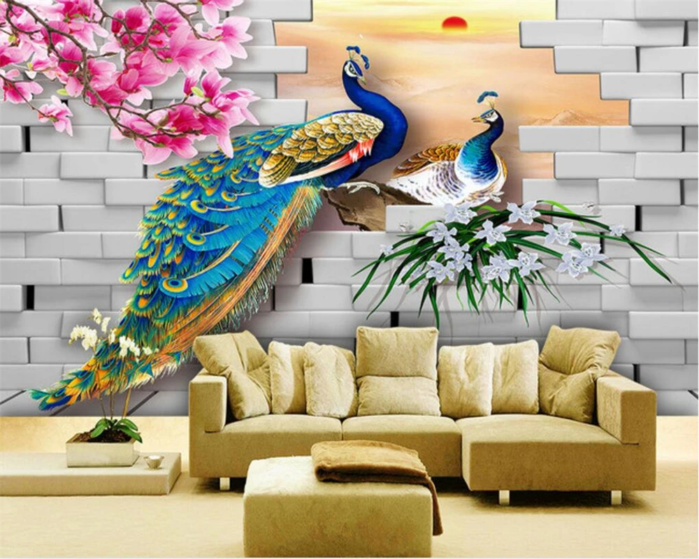 

Custom 3d wallpaper Peacock Magnolia brick wall background mural home decoration living bedroom Embossed self-adhesive material