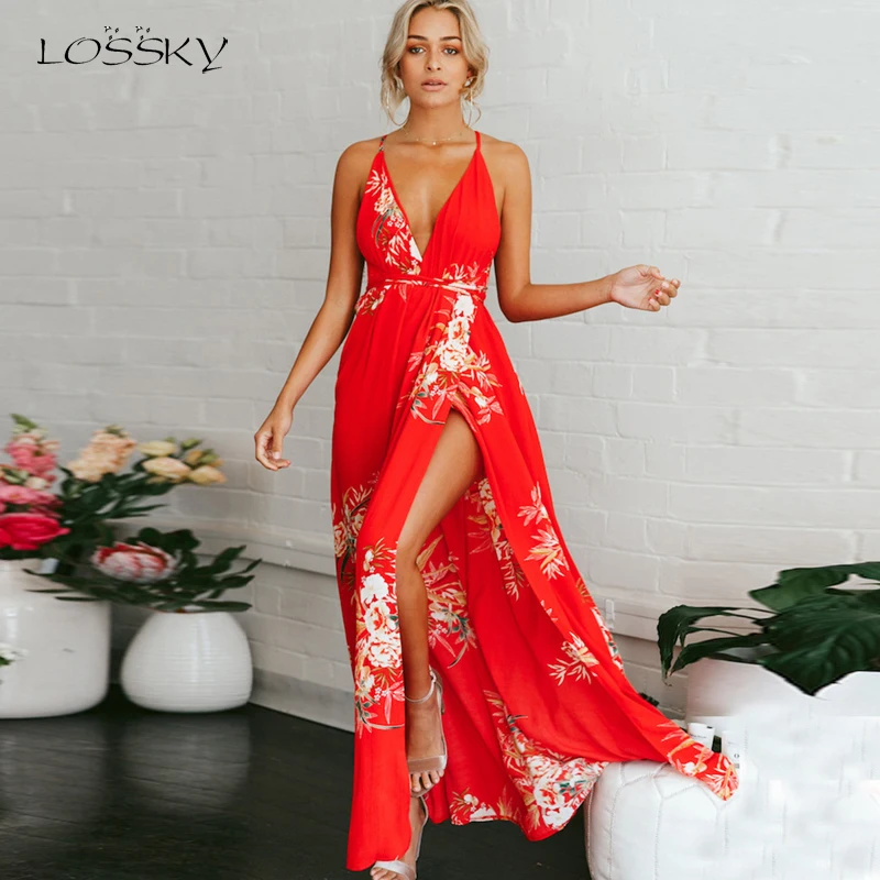 LOSSKY Women Summer Floral Printed Long Backless Sleeveless Sexy Deep V-neck Spaghetti Strap Slit Beach Dress Red Party Vestidos
LOSSKY Women Summer Floral Printed Long Backless Sleeveless Sexy Deep V-neck Spaghetti Strap Slit Beach Dress Red Party Vestidos
