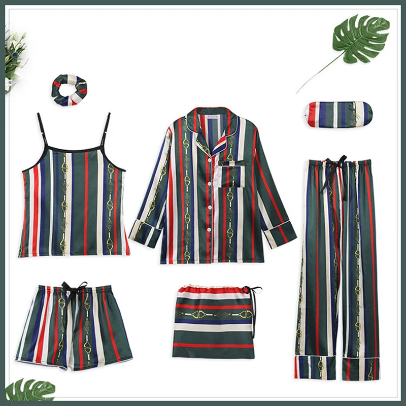 Women's 7 Pieces Pajamas Sets Emulation Silk Stripped Pajamas Women Sleepwear Sets Spring Summer Autumn Homewear Sleepwear #F
Women's 7 Pieces Pajamas Sets Emulation Silk Stripped Pajamas Women Sleepwear Sets Spring Summer Autumn Homewear Sleepwear #F