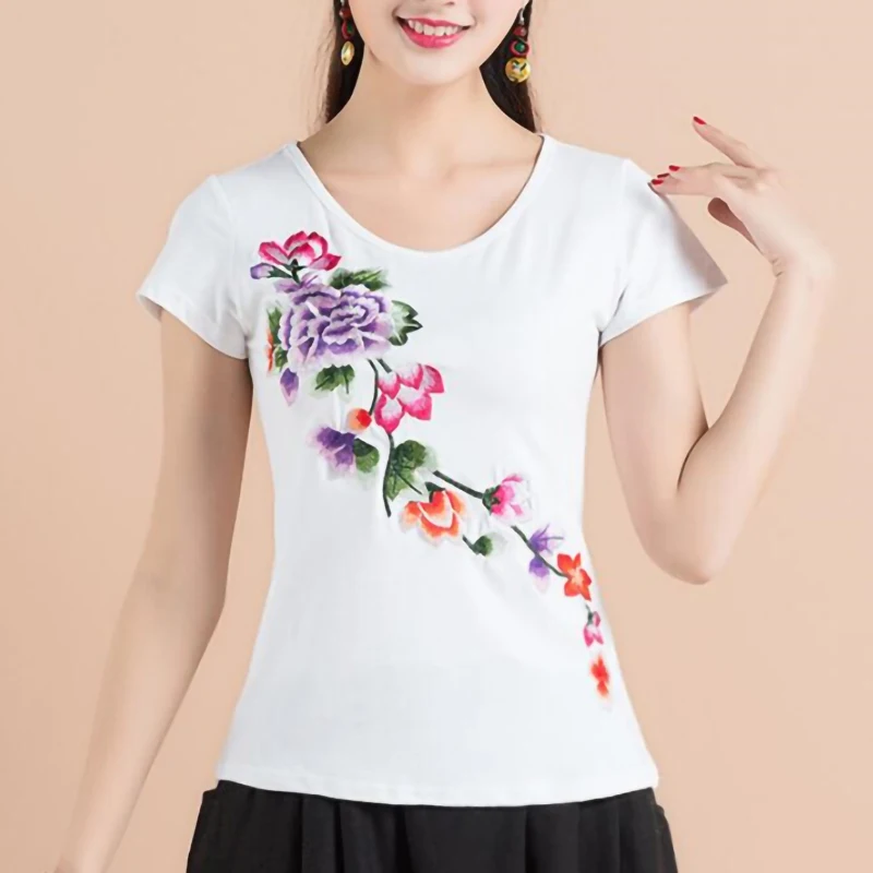 Ethnic Floral Embroidery T shirt Women 95% Cotton Solid color White Tee Shirt Ladies Plus size O neck Short sleeve Summer Tops
Ethnic Floral Embroidery T shirt Women 95% Cotton Solid color White Tee Shirt Ladies Plus size O neck Short sleeve Summer Tops