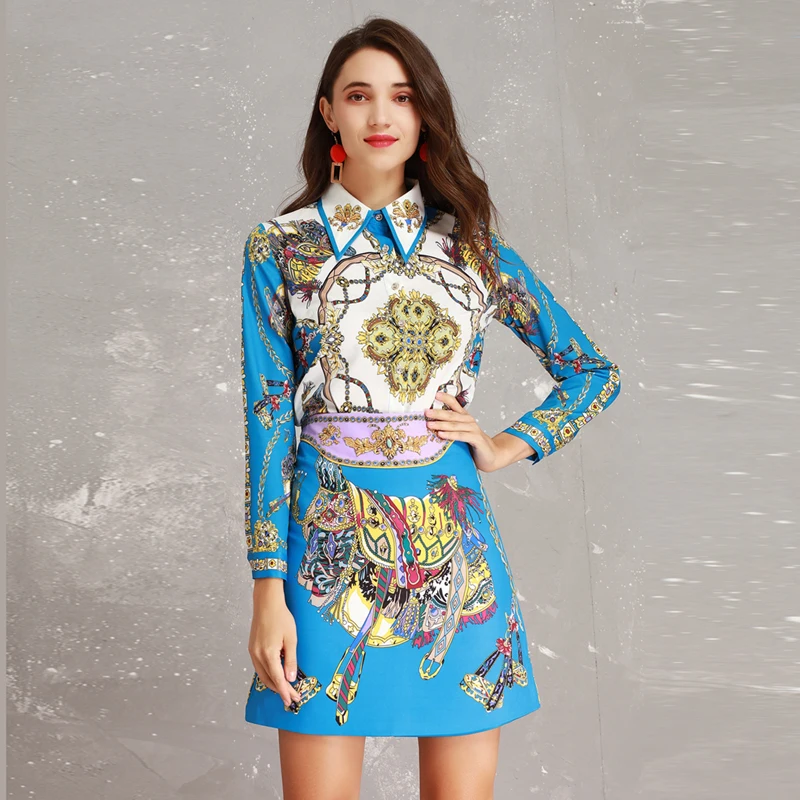 High Quality New 2019 Spring Runway Designer Print Long Sleeve Beads Turn-down Collar Blouse + Skirt Suits Women Twinsets
High Quality New 2019 Spring Runway Designer Print Long Sleeve Beads Turn-down Collar Blouse + Skirt Suits Women Twinsets