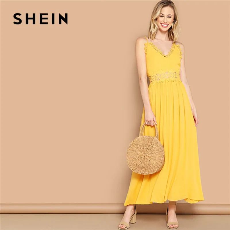 

SHEIN Bright Yellow Lace Insert Fit And Flare Cami Maxi Dress Women Summer Sleeveless V Neck High Waist Solid Boho Sexy Dress