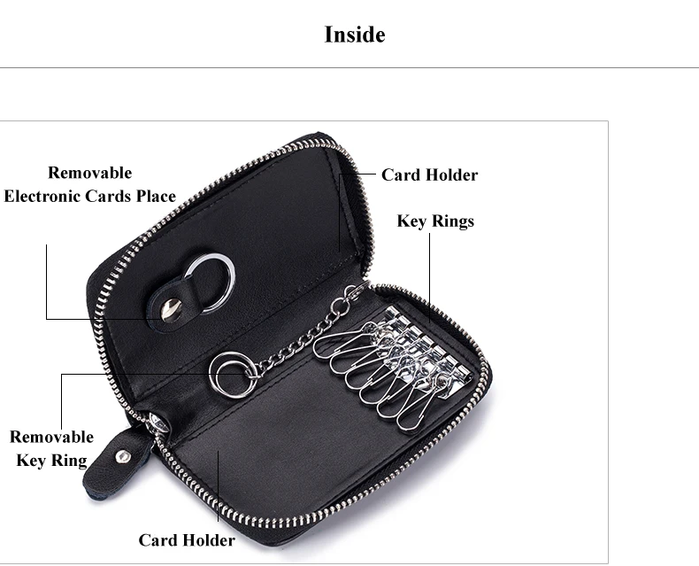 Lomelobo Unisex Split Leather Key Wallet Litchi Pattern Women Multi-Function Coin Purse Men Car Chain Bags Credit ID Card Holder HCL950 Details (05)