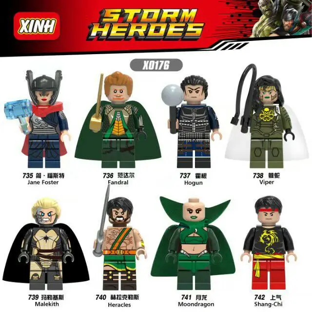 8pcs Viper Jane Foster Fandral Hogun Malekith Heracles Moondragon Shang-Chi Compatible With Lego Figure Blocks
8pcs Viper Jane Foster Fandral Hogun Malekith Heracles Moondragon Shang-Chi Compatible With Lego Figure Blocks