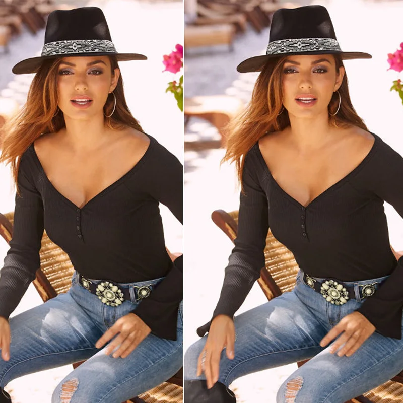 New Women Autumn Summer Long Flare Sleeve Slash V-Neck Solid T-Shirts Buttons Black White Sexy Casual Fashion Ladies Tops 6Q2073
New Women Autumn Summer Long Flare Sleeve Slash V-Neck Solid T-Shirts Buttons Black White Sexy Casual Fashion Ladies Tops 6Q2073