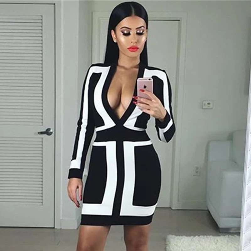 2019 Autumn Winter Women Bandage Dress Long Sleeve Sexy Deep V Neck Black White Striped Dresses Bodycon Celebrity Party Vestidos
2019 Autumn Winter Women Bandage Dress Long Sleeve Sexy Deep V Neck Black White Striped Dresses Bodycon Celebrity Party Vestidos