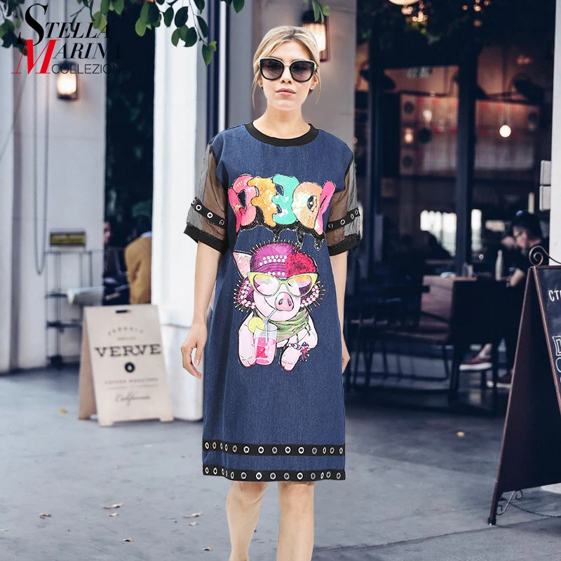 2019 European Fashion Women Summer Denim Dress Short Sleeve Cartoon Pig Sequins Beaded Plus Size Cute Midi Dress Loose Robe 4886
2019 European Fashion Women Summer Denim Dress Short Sleeve Cartoon Pig Sequins Beaded Plus Size Cute Midi Dress Loose Robe 4886